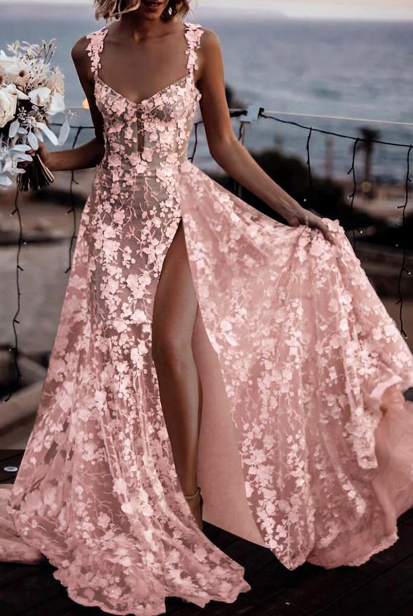 Blushing pink v-neck front-split A-line wedding dress