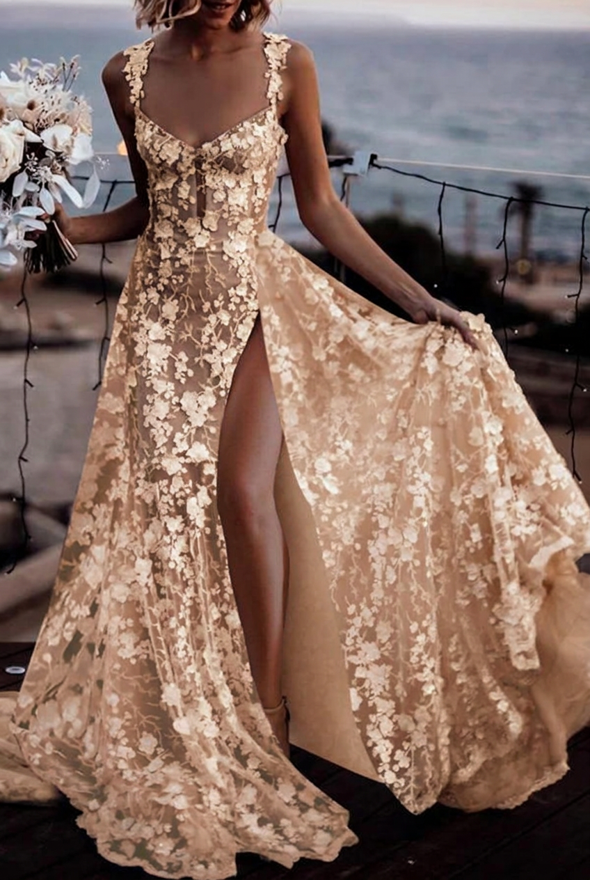 Champagne v-neck front-split A-line wedding dress