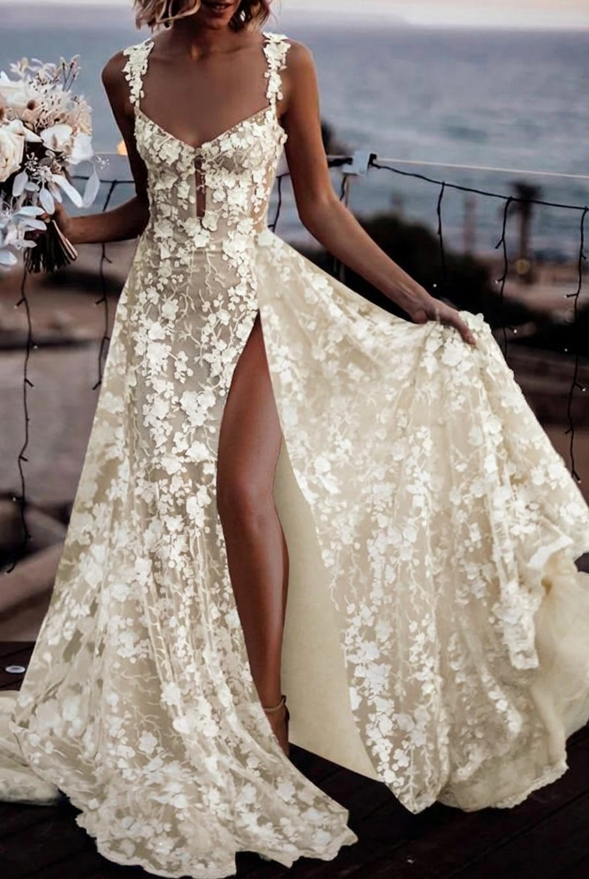 Ivory v-neck front-split A-line wedding dress