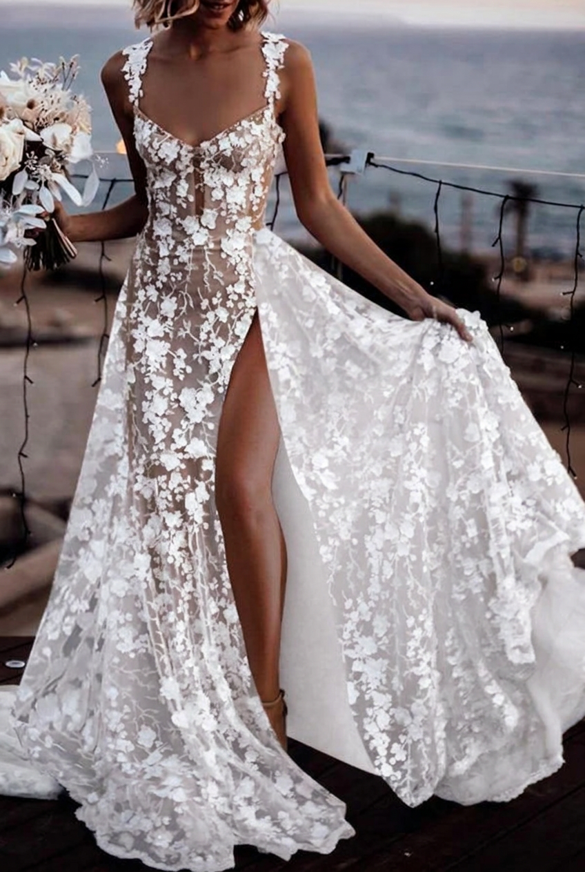 White v-neck front-split A-line wedding dress