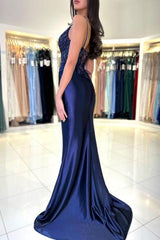 Sexy Long Navy Blue Mermaid V-neck Spaghetti Straps Lace Prom Evening Dresses With Slit