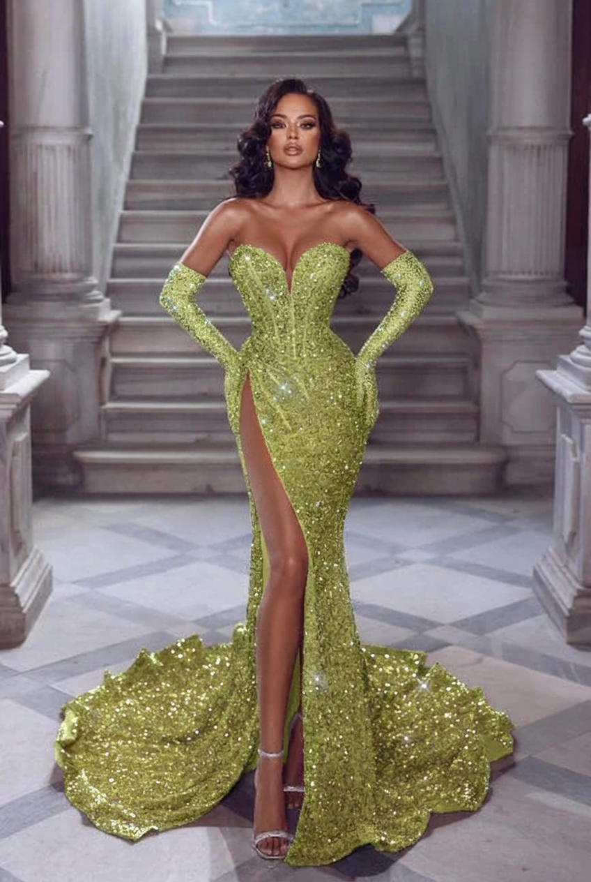 Sage v-neck split-front mermaid prom dress
