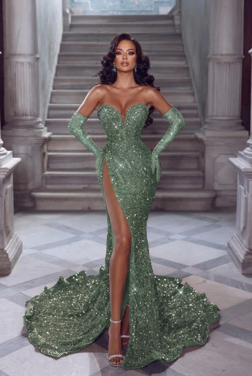 Dusty sage v-neck split-front mermaid prom dress