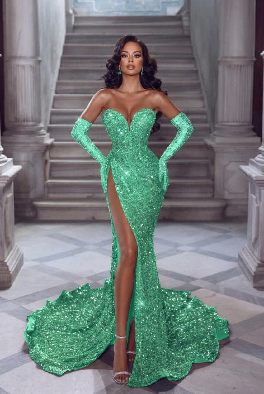Mint green v-neck split-front mermaid prom dress