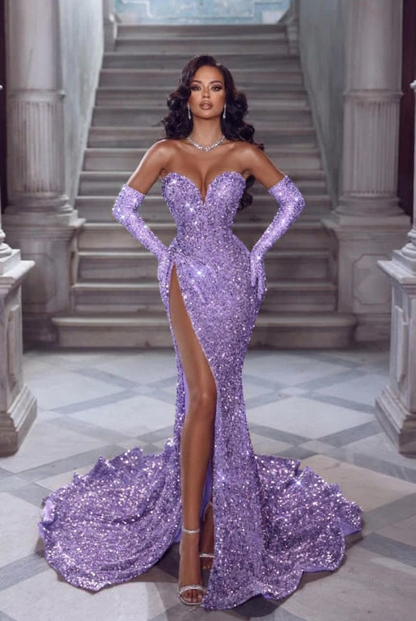 Lavender v-neck split-front mermaid prom dress