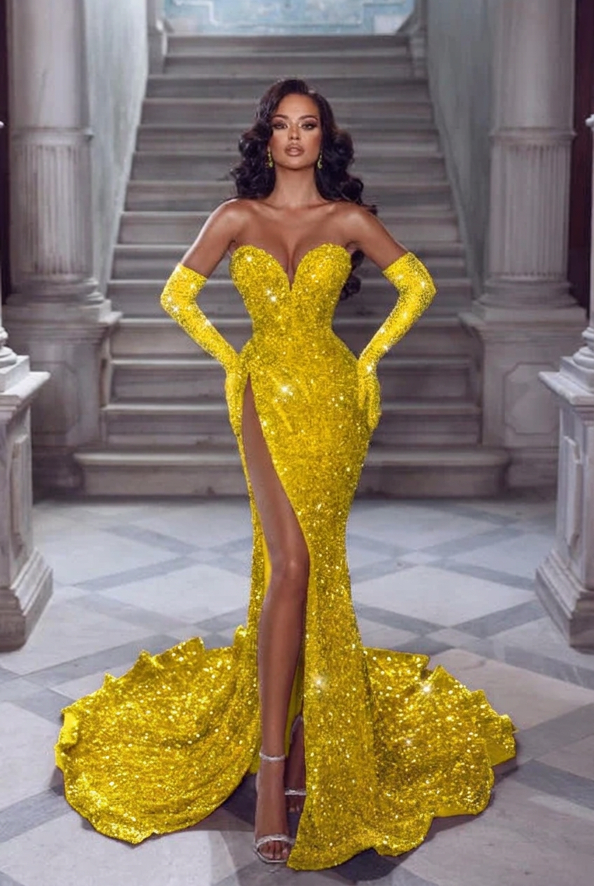 Yellow v-neck split-front mermaid prom dress