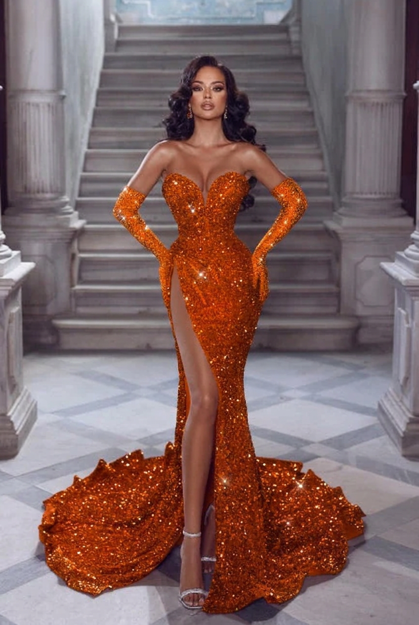 Orange v-neck split-front mermaid prom dress