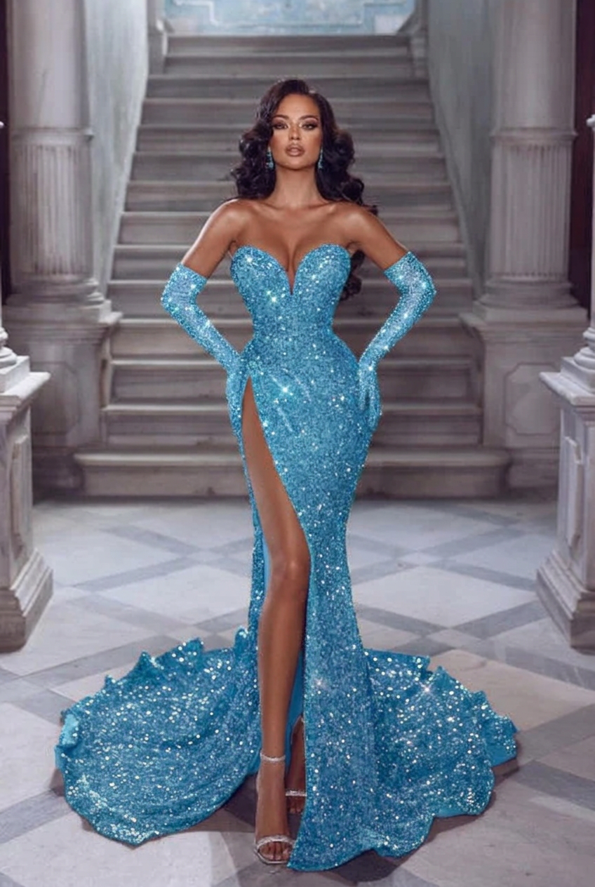Light blue v-neck split-front mermaid prom dress