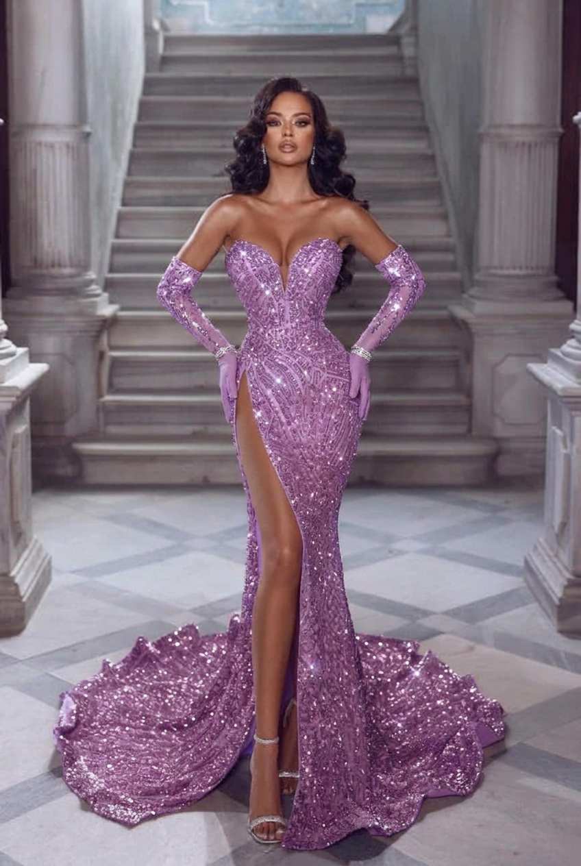 Lilac v-neck split-front mermaid prom dress