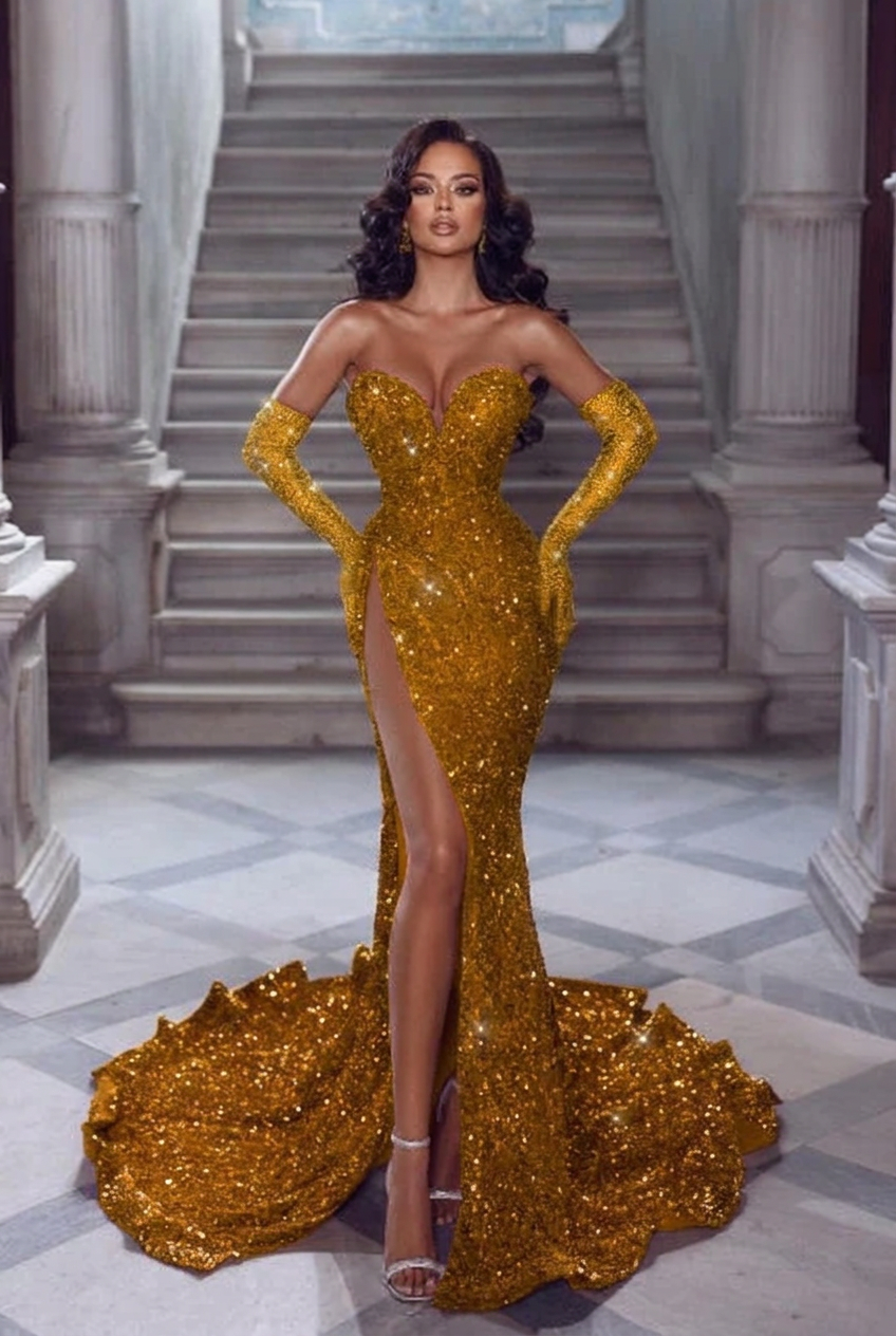 Gold v-neck split-front mermaid prom dress