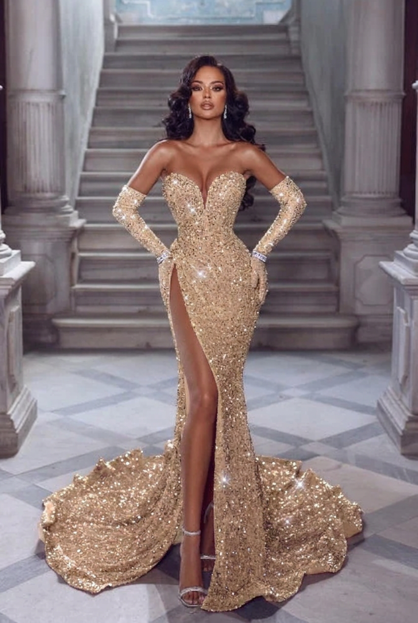 Champagne v-neck split-front mermaid prom dress
