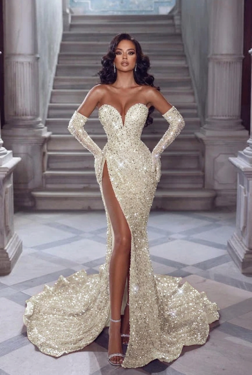 Ivory v-neck split-front mermaid prom dress
