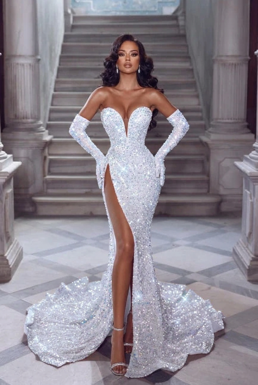 White v-neck split-front mermaid prom dress