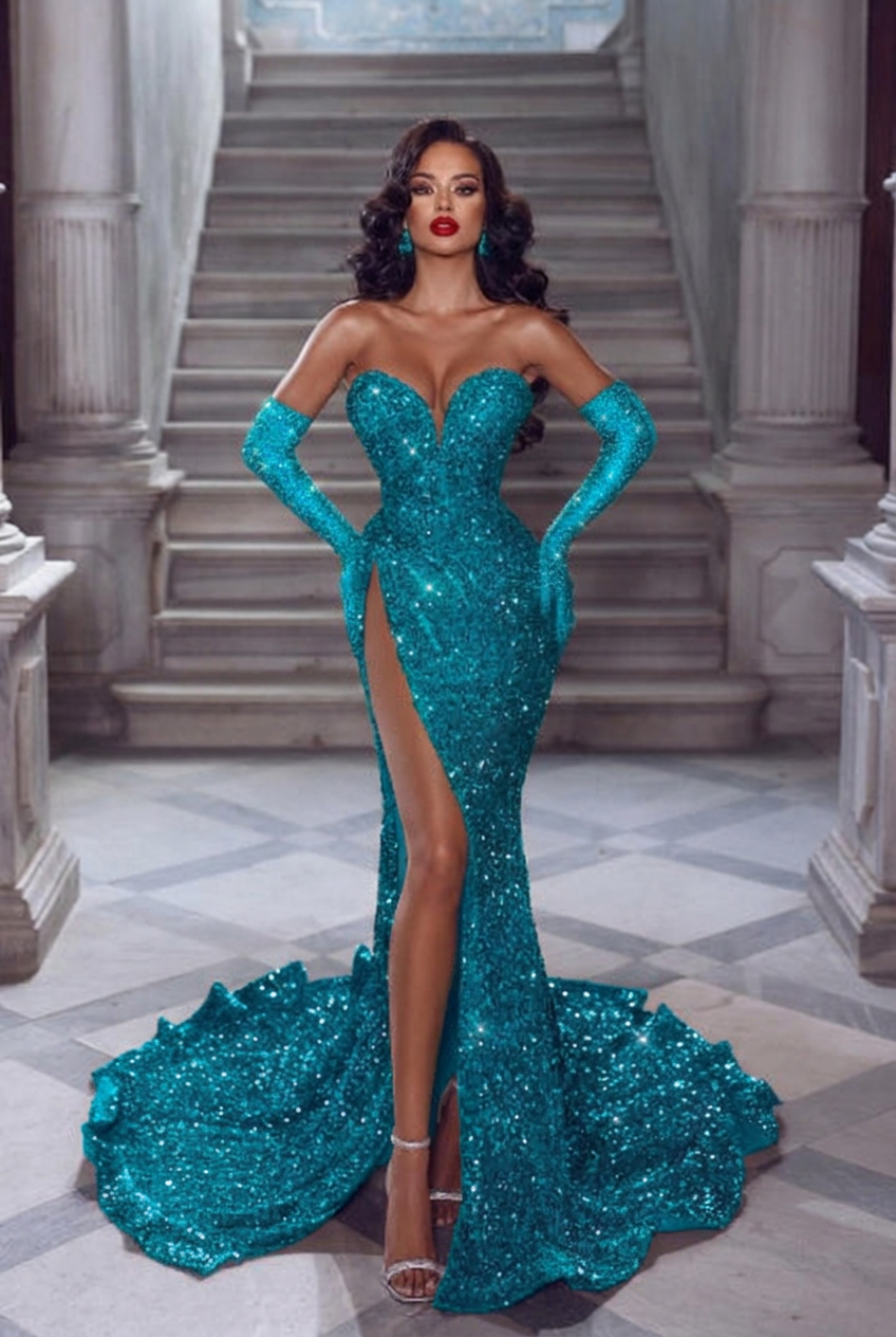 Turquoise v-neck split-front mermaid prom dress