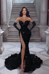 Sexy Long Red Glitter V-neck Sleeveless Sequined Mermaid Evening Dresses With Slit