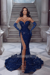 Sexy Long Red Glitter V-neck Sleeveless Sequined Mermaid Evening Dresses With Slit