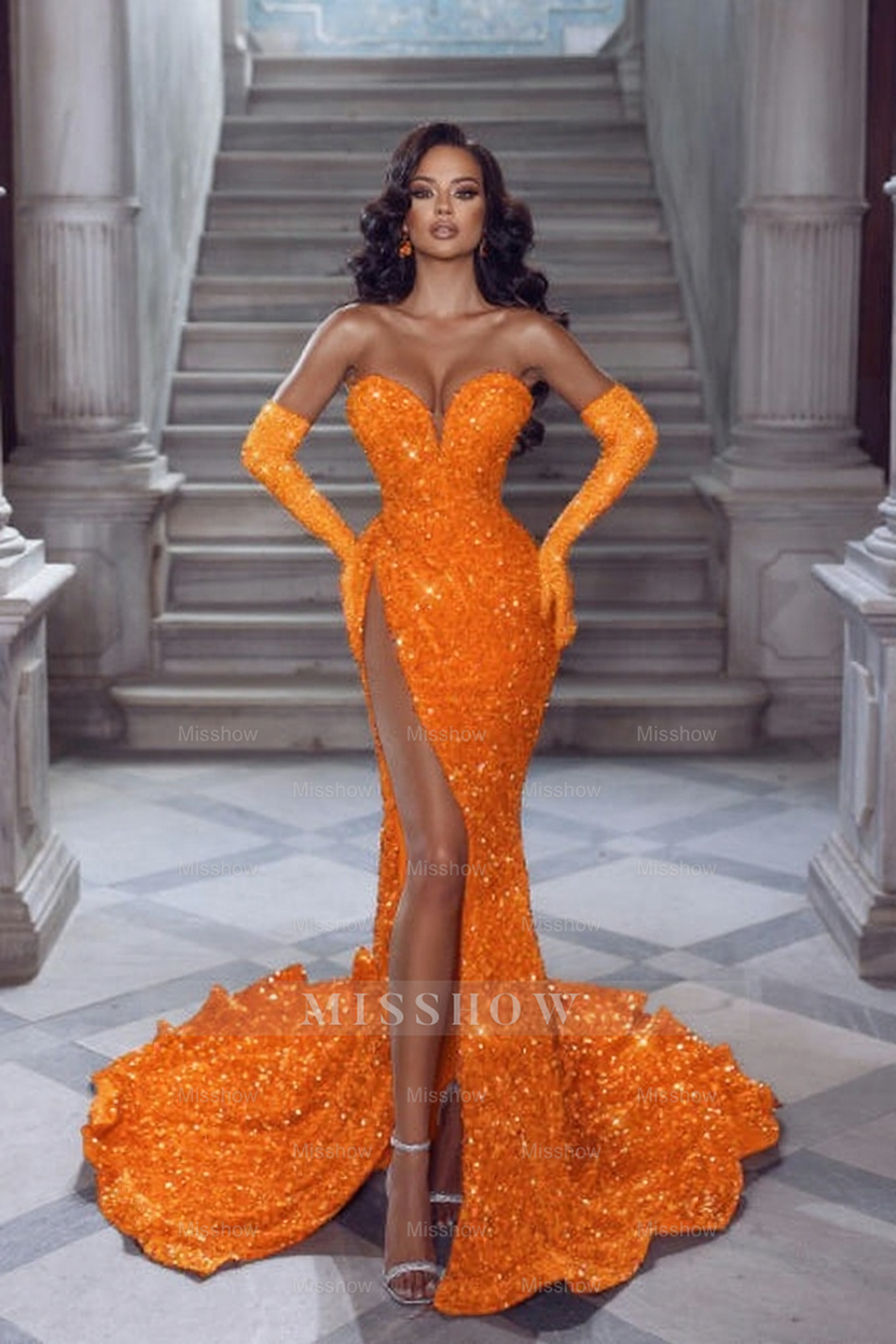 Sexy Long Red Glitter V-neck Sleeveless Sequined Mermaid Evening Dresses With Slit