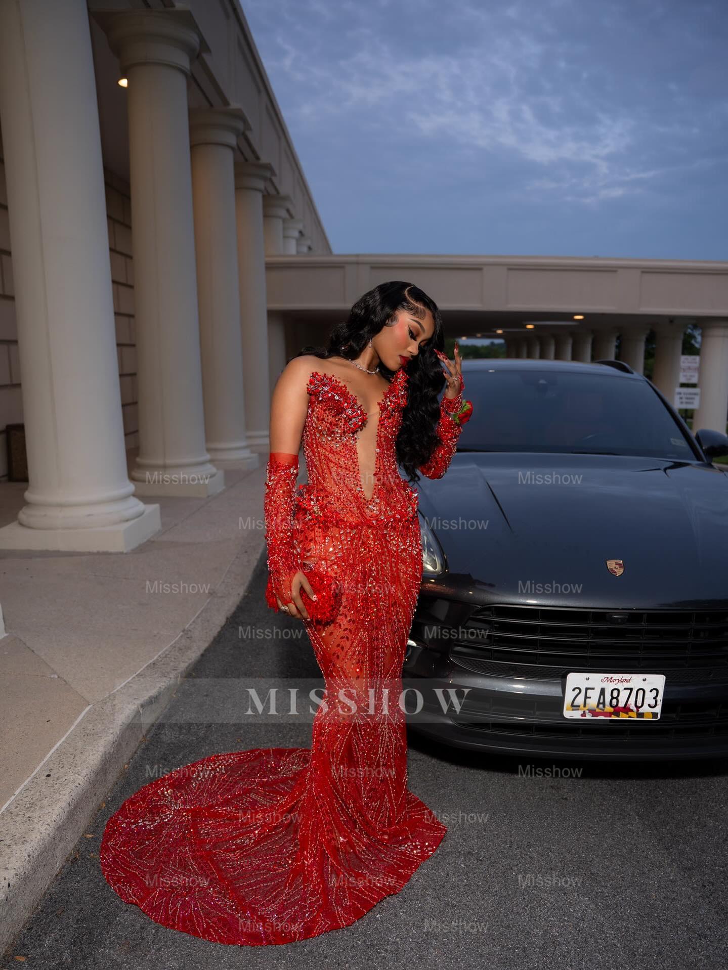 Sexy Long Red V-Neck Long Sleeves Mermaid Prom Dress with Rhinestones and Detachable Sleeves