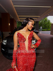 Sexy Long Red V-Neck Long Sleeves Mermaid Prom Dress with Rhinestones and Detachable Sleeves