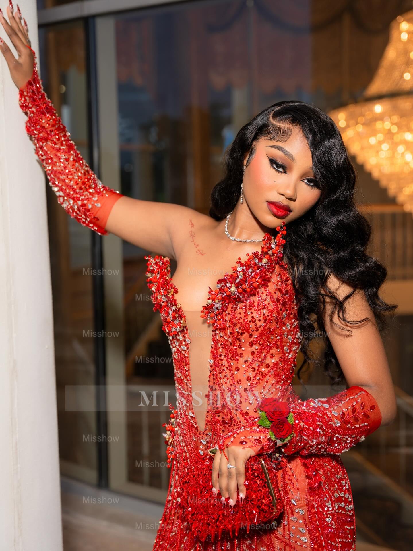 Sexy Long Red V-Neck Long Sleeves Mermaid Prom Dress with Rhinestones and Detachable Sleeves