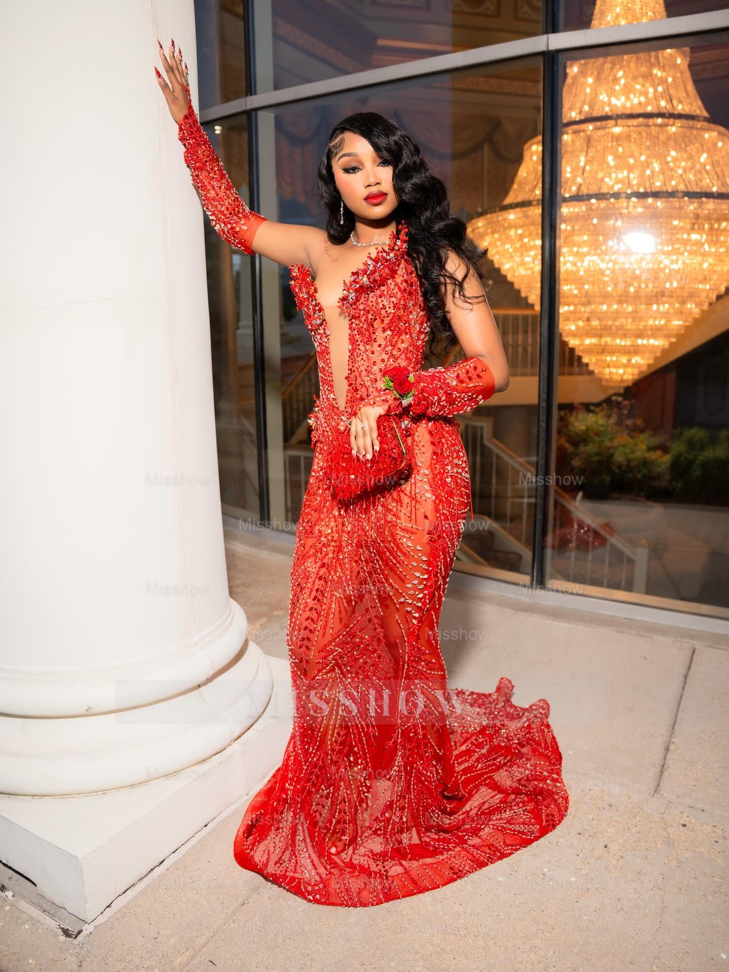 Sexy Long Red V-Neck Long Sleeves Mermaid Prom Dress with Rhinestones and Detachable Sleeves