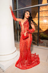 Sexy Long Red V-Neck Long Sleeves Mermaid Prom Dress with Rhinestones and Detachable Sleeves