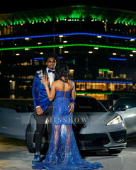 Sexy Long Royal Blue Sweetheart Sleeveless Mermaid Prom dress with Beadings and Slit