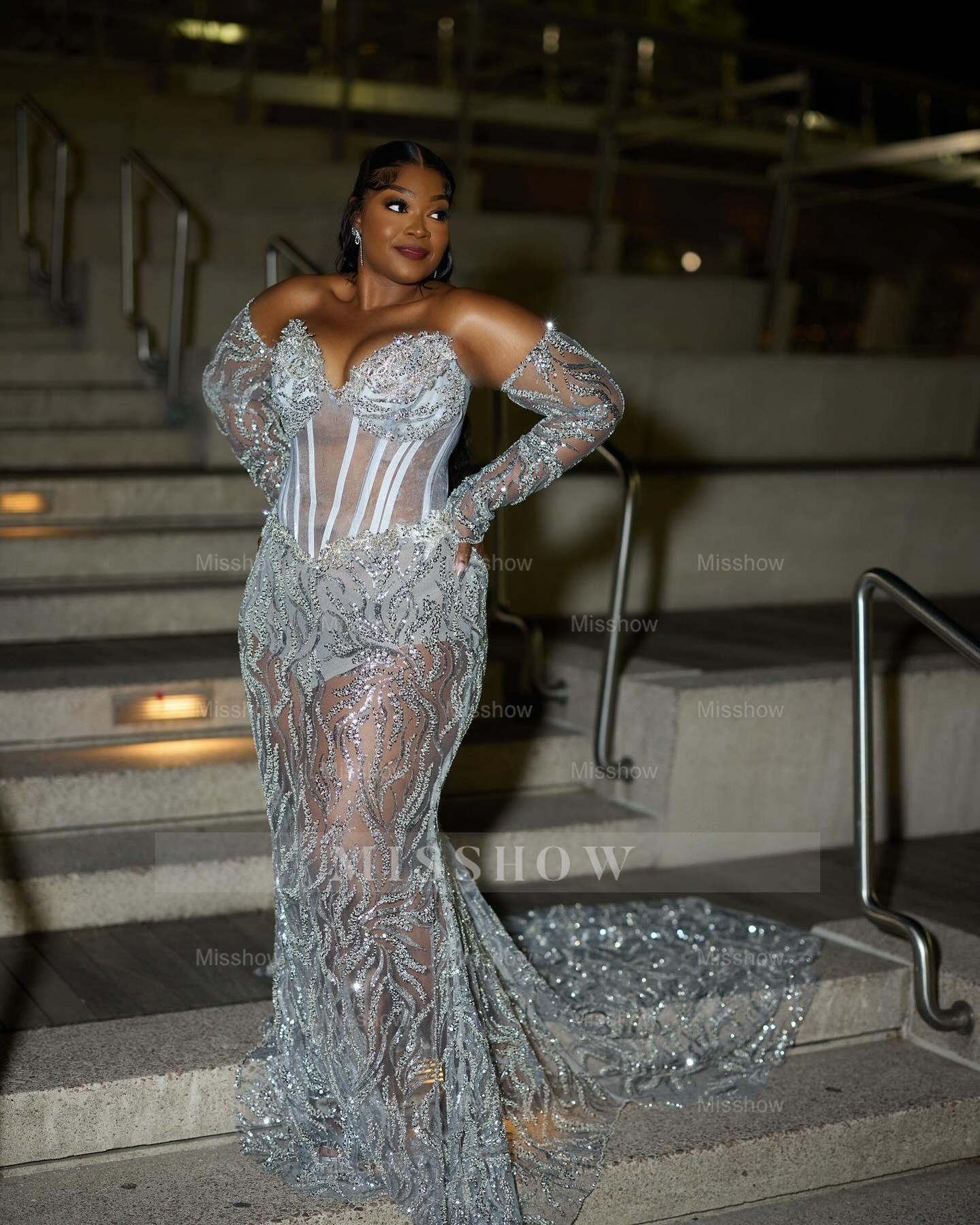 Sexy Long Silver Sweetheart Long Sleeves Mermaid Prom Dress with Sequins and Detachable Sleeves