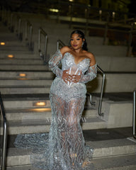 Sexy Long Silver Sweetheart Long Sleeves Mermaid Prom Dress with Sequins and Detachable Sleeves