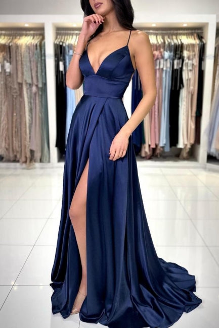 Sexy Long Simple Navy Blue Spaghetti Straps Prom Evening Dresses with Slit