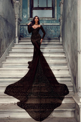 Sexy Long Tulle Mermaid Sequined Long Sleeves Prom Dress With Train