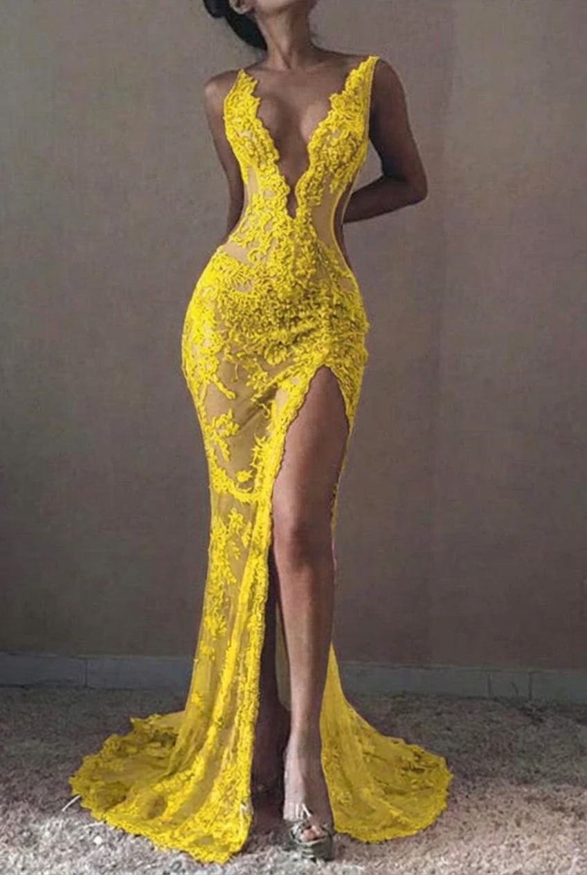 Yellow v-neck ruffled mermaid prom dress