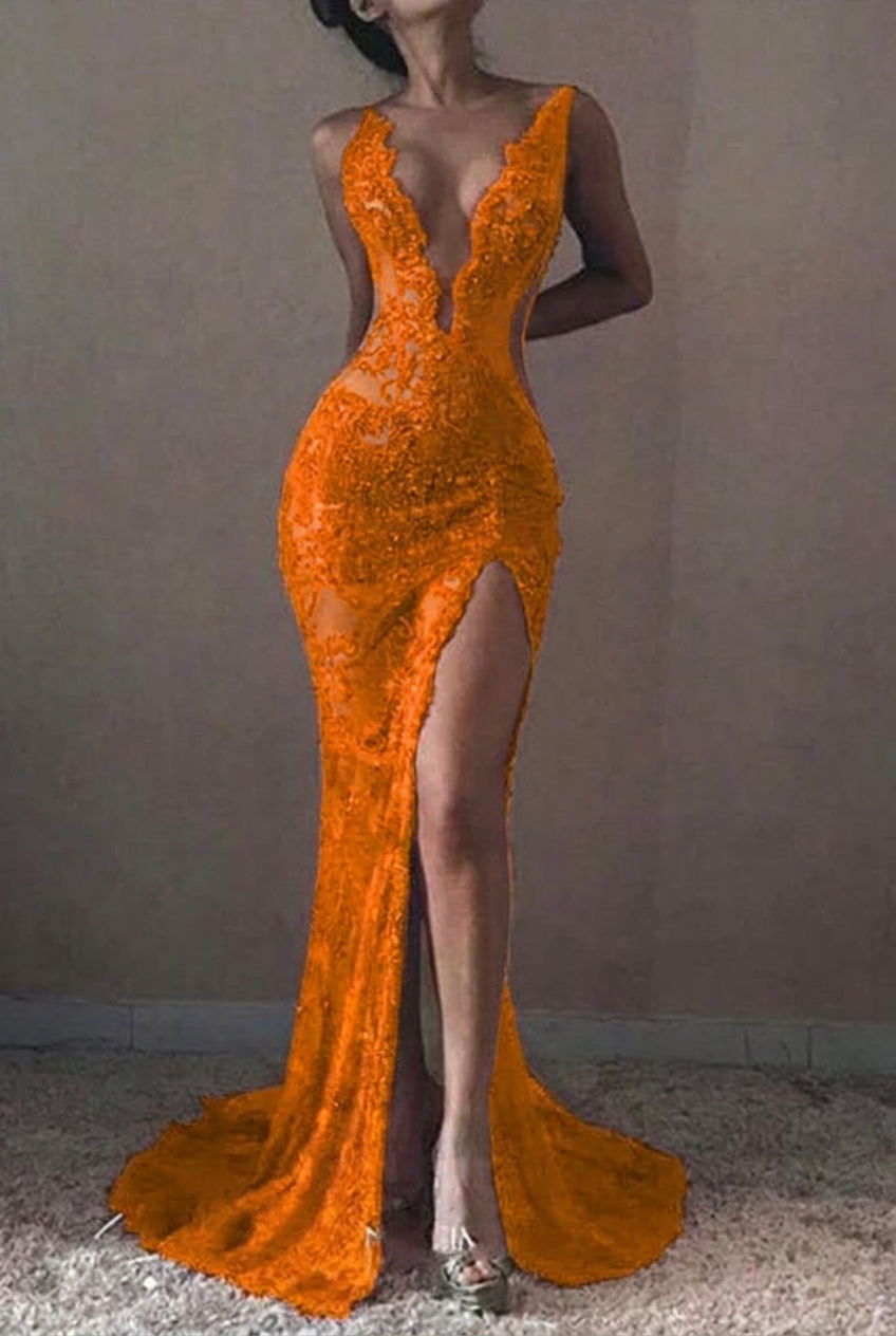 Orange v-neck ruffled mermaid prom dress