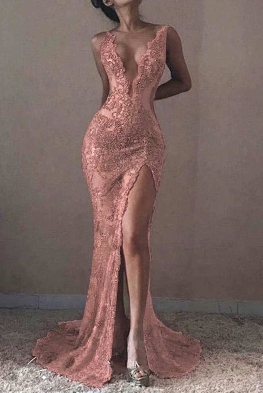 Dusty rose v-neck ruffled mermaid prom dress