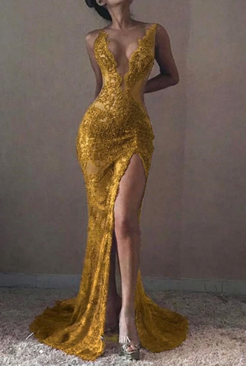 Gold v-neck ruffled mermaid prom dress