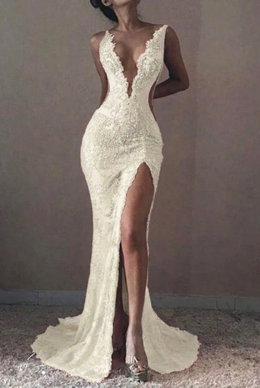 Ivory v-neck ruffled mermaid prom dress