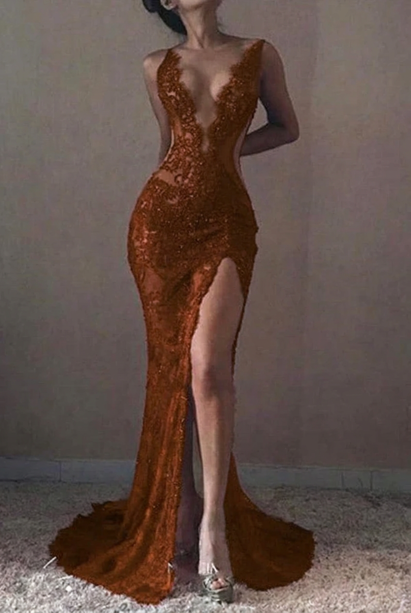Chocolate v-neck ruffled mermaid prom dress