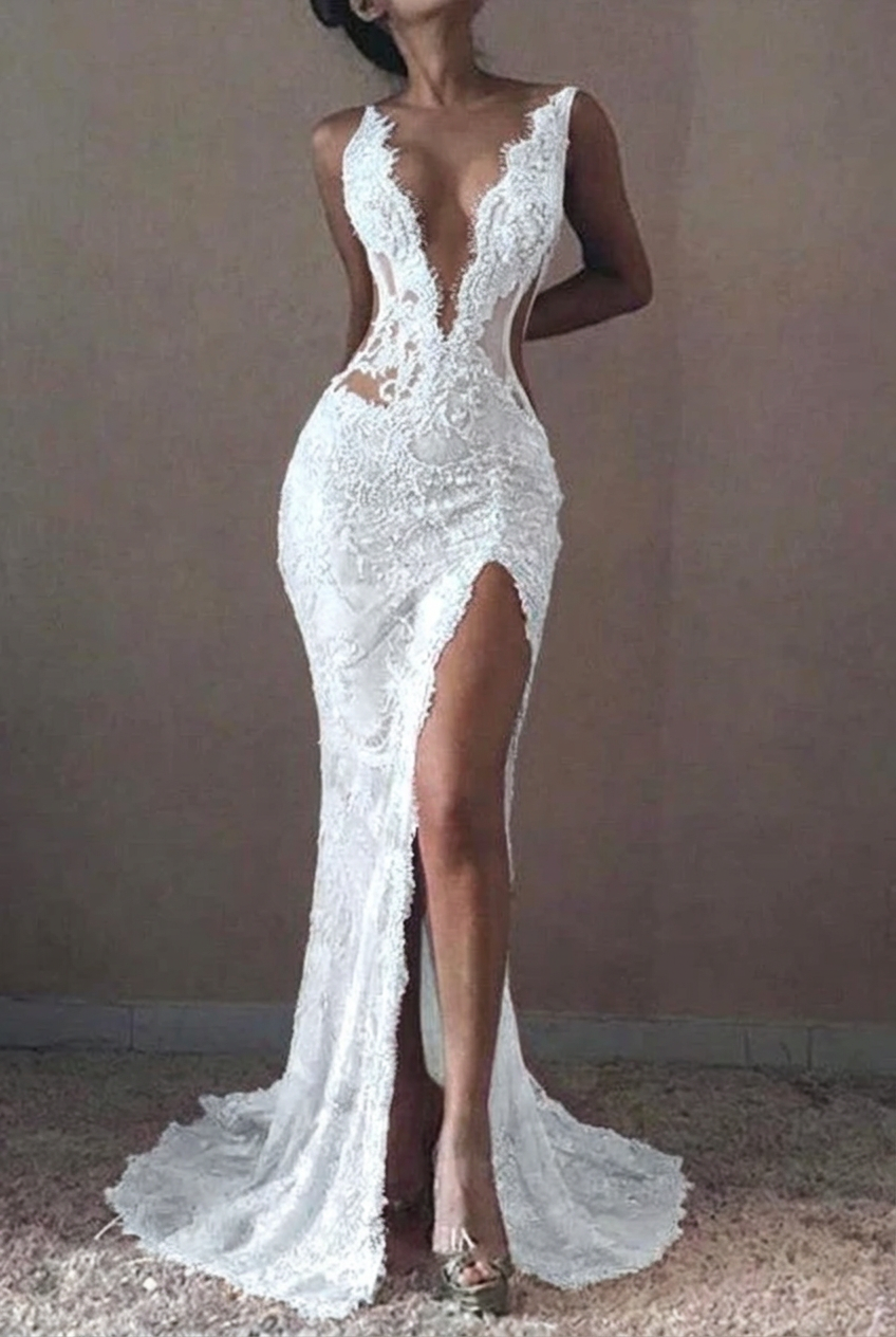 White v-neck ruffled mermaid prom dress