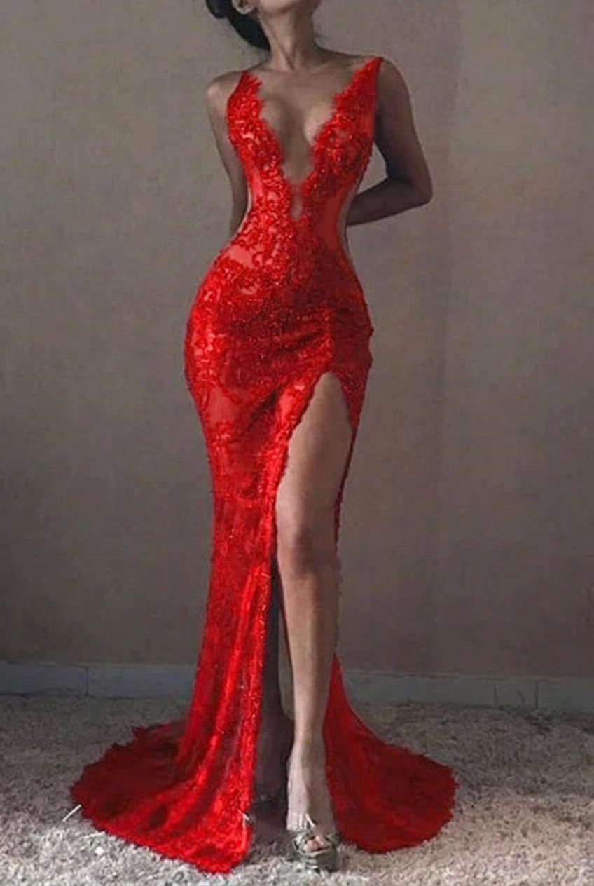 Red v-neck ruffled mermaid prom dress