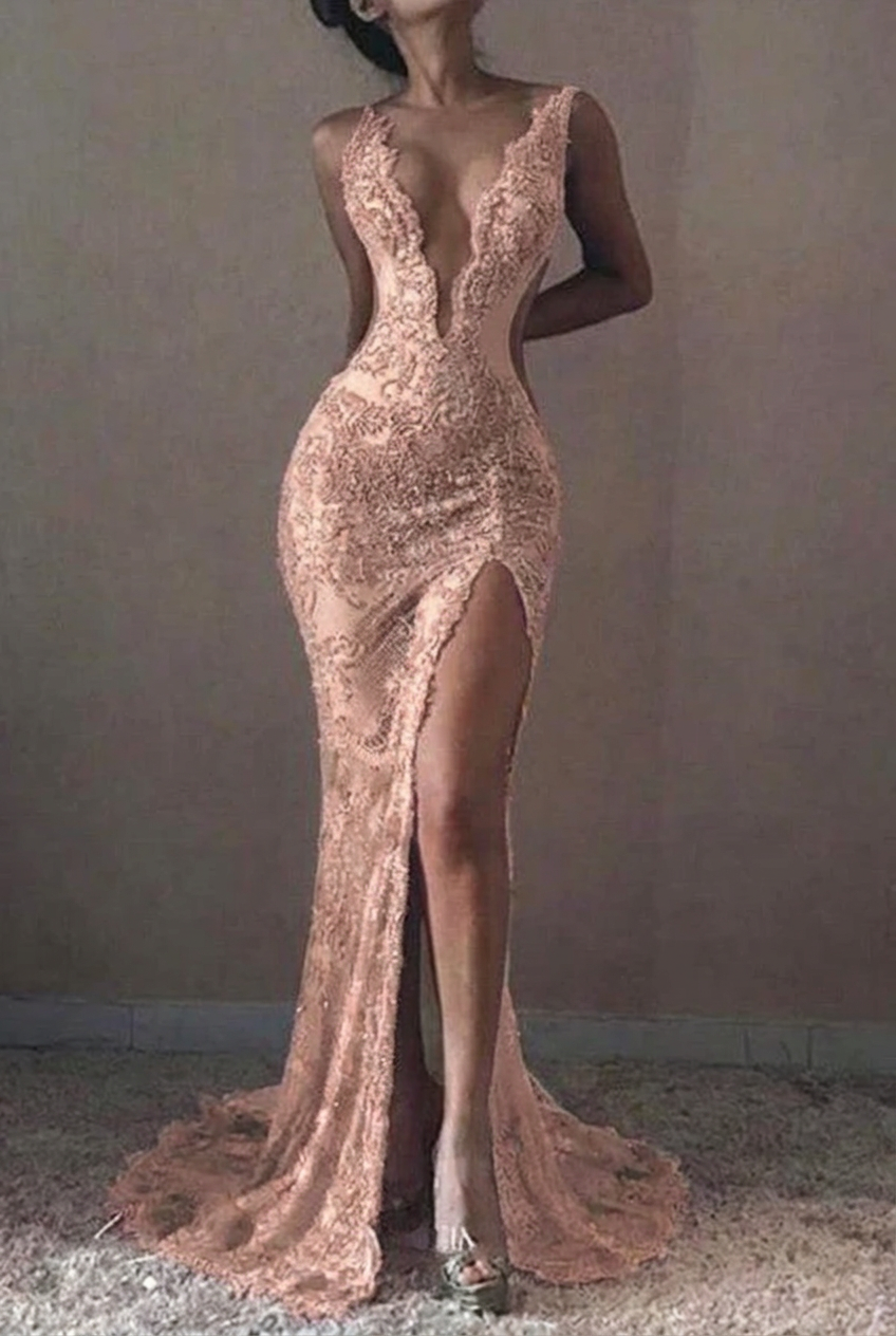 Pearl pink v-neck ruffled mermaid prom dress