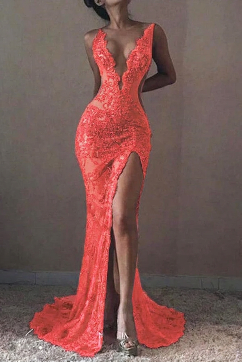 Coral v-neck ruffled mermaid prom dress