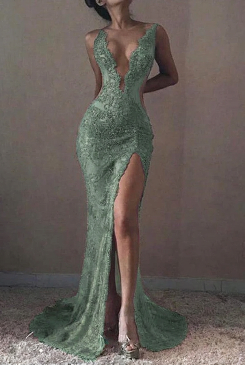 Dusty sage v-neck ruffled mermaid prom dress
