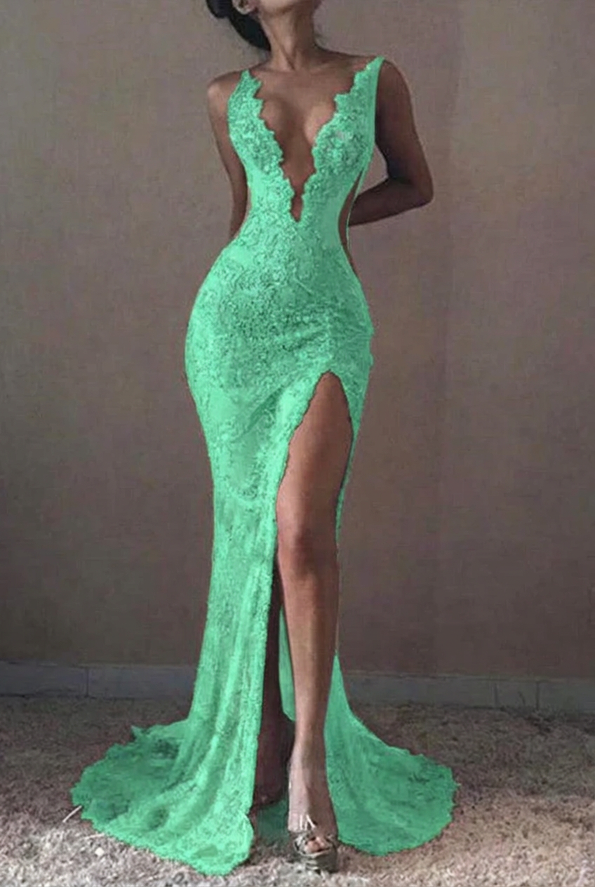 Mint green v-neck ruffled mermaid prom dress