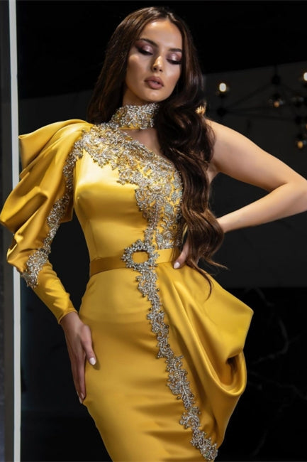 Sexy One Puffy Sleeves Satin Mermaid Prom Evening Dresses with Glitter Crystals