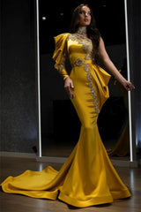 Sexy One Puffy Sleeves Satin Mermaid Prom Evening Dresses with Glitter Crystals