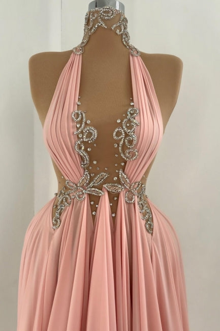 Sexy Pink A-Line Halter High-Neck Beaded Sleeveless Floor-Length Chiffon Evening Dresses With Rhinestone