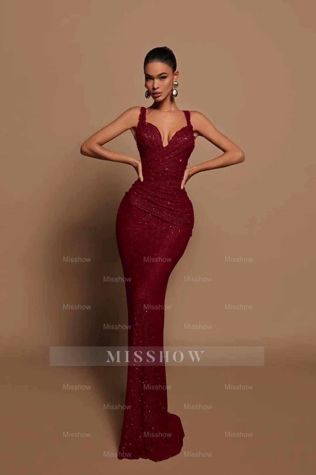 Sexy Pink Long Sequins Formal Dress V Neck Mermaid Sleeveless