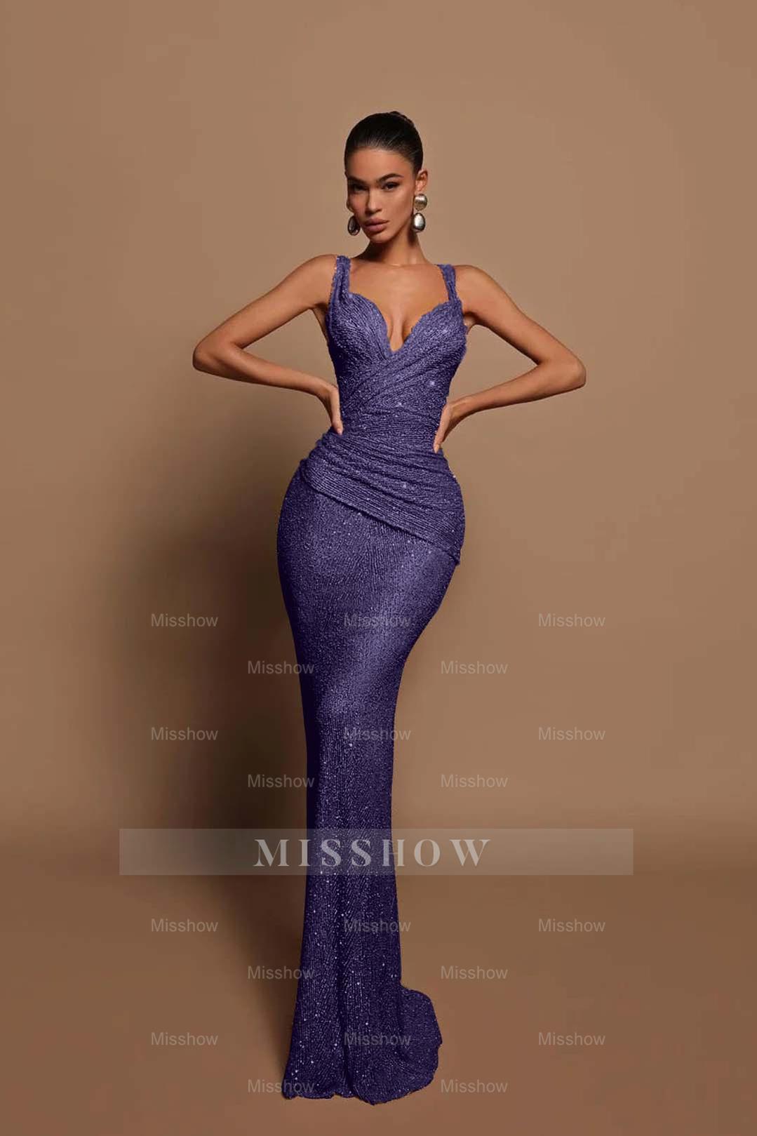 Sexy Pink Long Sequins Formal Dress V Neck Mermaid Sleeveless