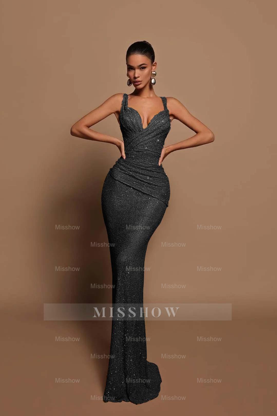 Sexy Pink Long Sequins Formal Dress V Neck Mermaid Sleeveless