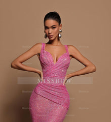 Sexy Pink Long Sequins Formal Dress V Neck Mermaid Sleeveless